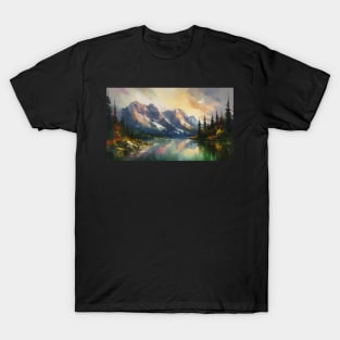 Majestic Peaks and Serene Lakes: A Vibrant Mountain Landscape Oil Painting #1 T-Shirt